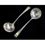 A pair of early George III, Sterling silver old English pattern sauce ladles, London possibly 1773,