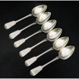 A set of six George IV Sterling silver fiddle pattern dessert spoons, with script initial 'P',