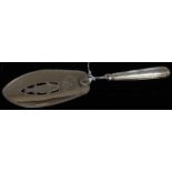 A George III silver fish slice, the blade pierced and bright-cut engraved with a central fish,