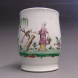 A rare William Reid Liverpool mug, painted with an oriental figure feeding a parrot, circa 1756, 9.