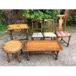 A collection of assorted furniture, comprising two Edwardian bedroom chairs, an oak side chair, a