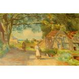 Ernest Thomson (British, 19th/20th Century), figures and poultry in a sunlit road between houses and