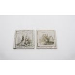 Two Liverpool Delft tiles printed after Sadler, one of two ladies and a gent and the other of a