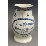 A pottery Jug, probably Liverpool, inscribed to the front ‘Ralph Beardmore 1789’ within a blue