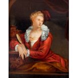 Manner of Jean Raoux, portrait of a young lady, half length, wearing a red dress and holding a