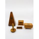 A metronome, three pieces of mauchline wear and a treen matchstick holder