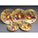 Three Royal Worcester plates and two trinket dishes, painted with fruit, two plates signed Price,