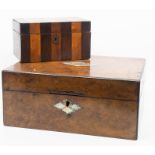 A burr walnut veneered jewellery box with mother of pearl cartouche to lid, diamond design and key