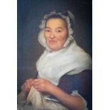 English School, late 18th Century, portrait of a woman, half length, wearing a white bonnet and