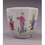 A Worcester polychrome fluted octagonal coffee cup, painted with the ‘Long Eliza’ figure, urns,