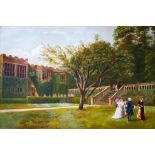 W.. Perkins. (British, late 19th Century), a country house garden scene with figures in period