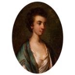 Circle of Thomas Hickey, portrait of a young lady, half length in a blue wrap and white dress, oil
