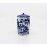 Worcester tea canister with lid, over painted Willow pattern, with disguised numeral marks to