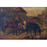 Follower of John Frederick Herring Jnr, horses, ducks and chickens in a farmyard, bears signature