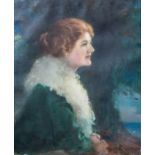 American School, circa 1910, portrait of a young woman, half length in profile, in a green fur