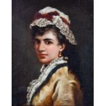 British School, circa 1880, portrait of a young beauty, bust length wearing a lace bonnet,