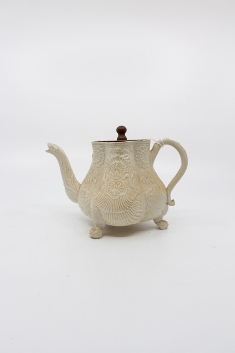 An early 18th Century Creamware tea-pot standing on 3 lions paw feet. Remnants of collectors label - Image 3 of 4