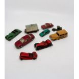 Six Corgi/Dinky unboxed diecast vehicles and a Dublo low sided wagon D1 boxed.