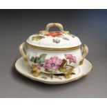 A Derby twin handled tureen, cover and stand, painted with named flowers, circa 1800 -25, red