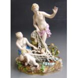 A Meissen allegorical group depicting The Catch of Triton, two maidens capturing a child Triton in a