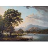 English School, mid 19th Century, a lake landscape with figures in a rowing boat, oil on canvas,