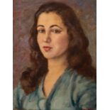 Simon Hieger (20th Century), portrait of a young woman with wavy dark hair, bust length in a blue