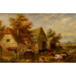 Attributed to Georgina Lara, a farmyard with horse, cattle, pigs and chickens, oil on canvas, 20.5