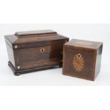 A 19th Century two compartment sarcophagus tea caddy with inlay to lid, front face and key