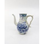 An English blue and white coffee pot with an unusual moulded handle and spout, circa 1780, 24cm