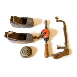 A small quantity of vintage woodworking tools to include Stanley drill, to wooden plains and a