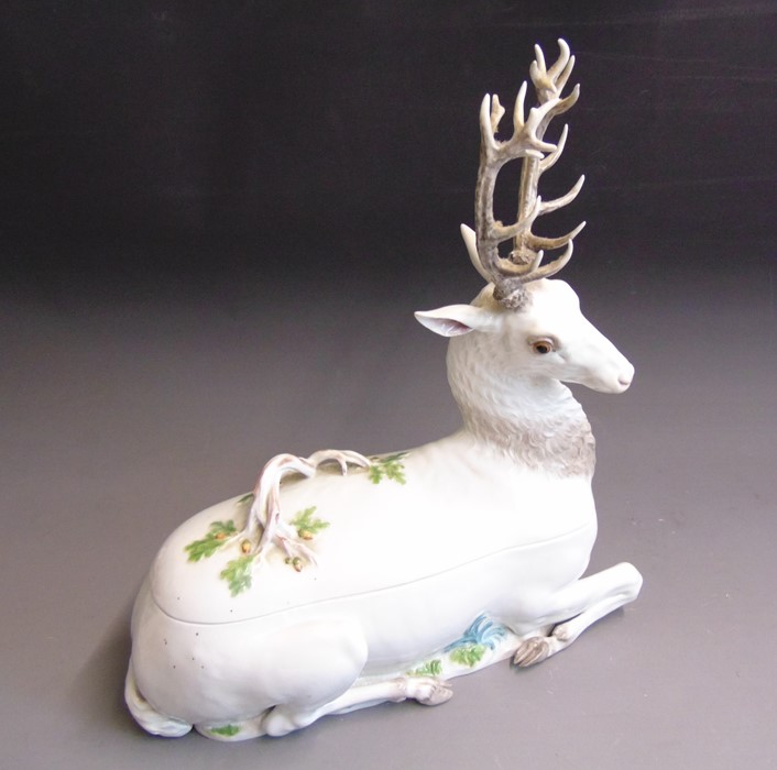 A Meissen 19th Century tureen and cover modelled as a recumbent stag, 19th Century, blue crossed - Image 2 of 6