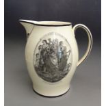 A large creamware pitcher, black  printed with Faith, Hope, Charity and Religion on the reverse,