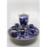 A Copeland Willow pattern samovar tea set, the central samovar conjoined to rotating tray in Lazy