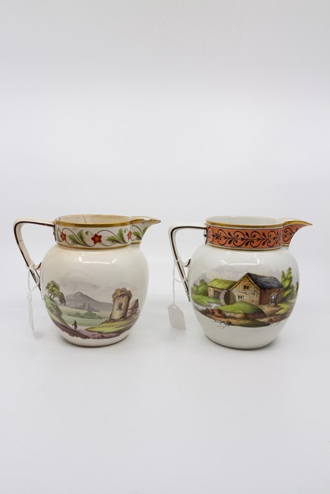 Two Torksey style jugs, early 19th Century, one handpainted with man standing near ruinous house
