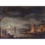 Circle of William Henry Crome, a river landscape at moonlight with figures and windmills, oil on