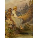 Johann Matthias Ranftl (Austrian, 1805-1854), a landscape with a girl fishing and a boy on a tree