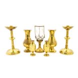 A series of assorted ecclesiastic brass wares, to include hollow wares, a pair of low knop stem