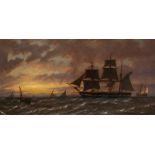 Richard Henry Nibbs (British, 1816-1893), a three masted barque and other shipping at sunset, signed