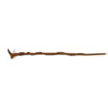 A walking stick with a carved ducks head handle, shaft has diced design with two stained and