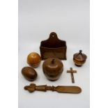 Treen interest, fruitwood, apple tea caddy, mauchline ware strong box, along with four other items