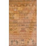 A George III textile sampler, alphabetical, numerical and motto with pictorial elements, worked in