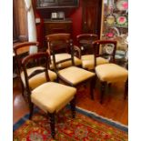A collection of six chairs with cream upholstery with red detail design, comprising, Carver chair,