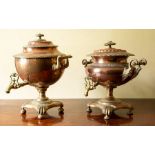 A copper and brass samovar plus another similar, both copper on brass bases with brass taps (2)