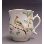 A William Reid Liverpool shaped cup, painted with exotic birds and branches, with a pink scroll
