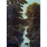 William Mellor (British, 1858-1931), a wooded river landscape with a waterfall, signed l.l., oil