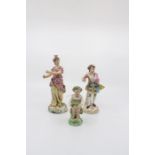 Three continental porcelain figures. One of a lady, one of a musician playing a flute and a cherub