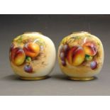 A pair of small Royal Worcester round vases, painted with fruit, signed F. Roberts 249, 20th