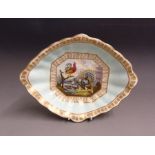 A Derby oval fluted rim dessert dish, turquoise ground and deep gilt borders, the centre painted