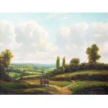 Andrew Grant Kurtis (British, 20th Century), an extensive landscape with a horseman, signed l.r.,