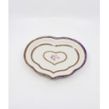 A Derby porcelain heart shaped dessert dish, gilt bars and blue bands with a central spray of